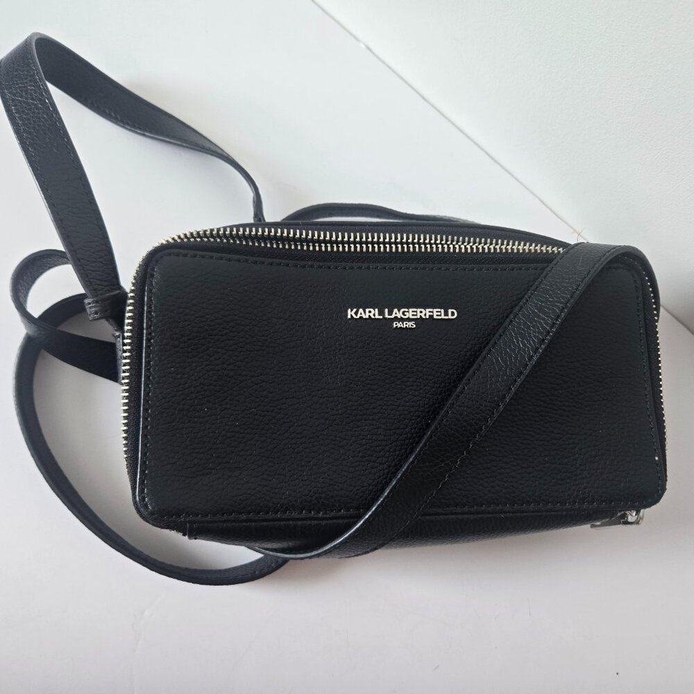 100% Genuine Black Leather KARL LAGERFELD Paris Crossbody Handbag